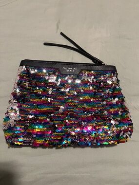 Victoria's Secret Silver Sequin Cosmetic Pouch with Multicolor Sparkle